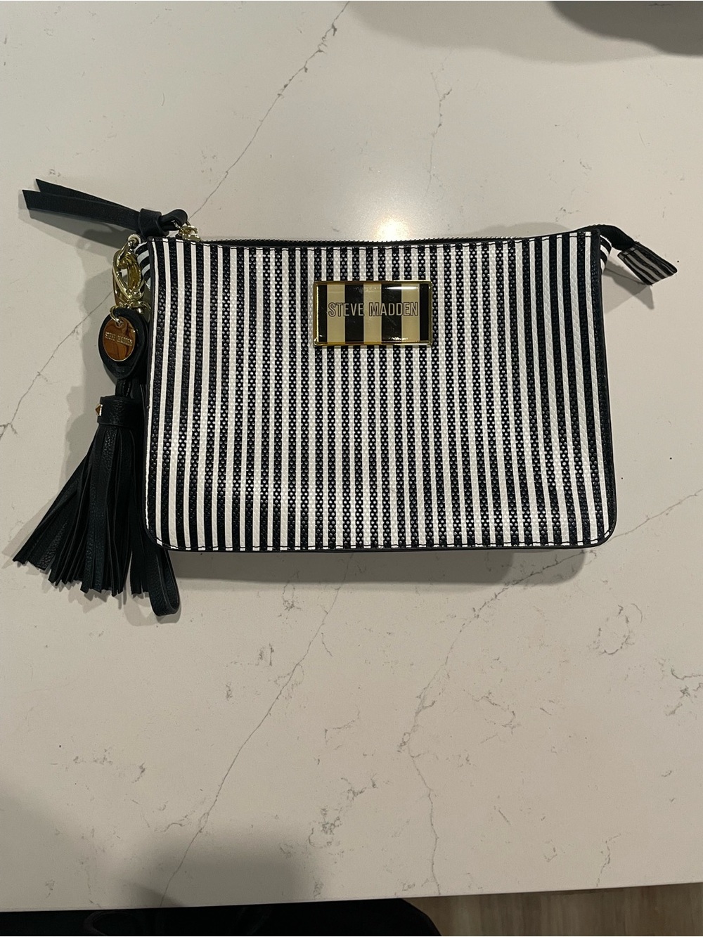 Steve Madden Black and White Striped Wristlet with Tassel